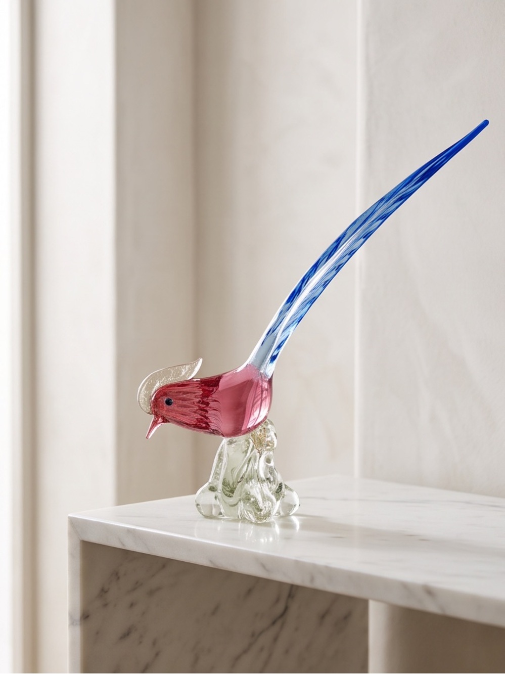 Murano Red-Pink Bird Figurine with Blue Tail